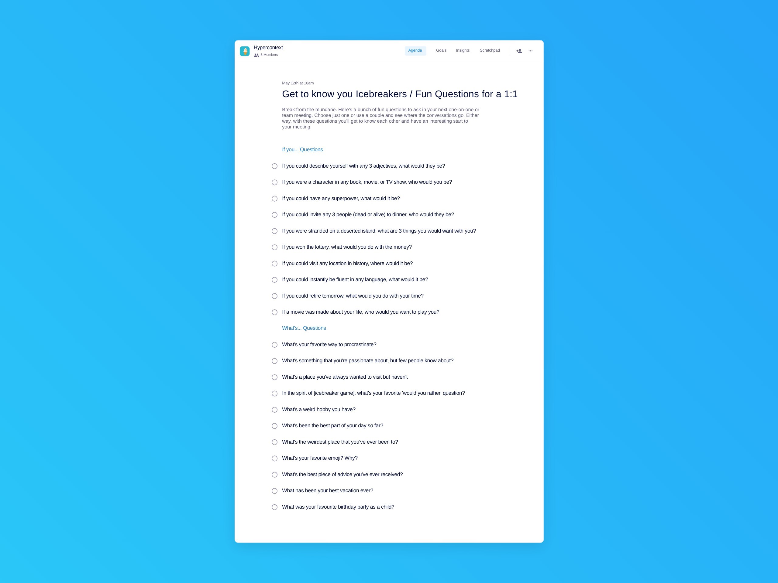 Get to know you icebreakers / fun questions for a 1:1 template (21 ...
